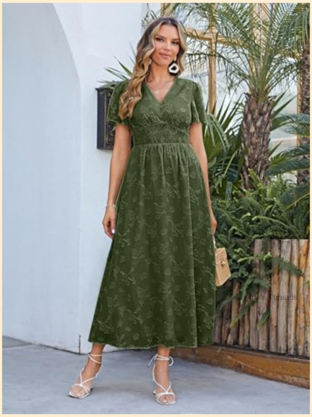 Women's Flowy Boho Floral Maxi Dress V-Neck Short Sleeve Smocked Waist Casual - Picture 7 of 7